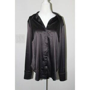 Lane Bryant Black Satin Button Down Shirt Long Sleeve Stretch Blouse Size 14